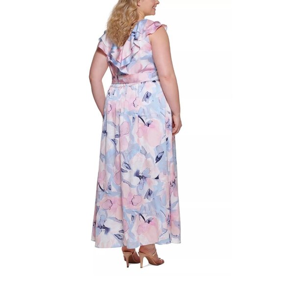 DKNY Plus Size Ruffled V Neck Floral Printed Maxi Dress Multicolored 20W - Picture 2 of 3